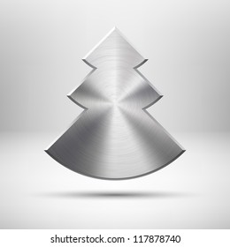 Technology icon (button) and Merry Christmas (new year) tree  metal texture (stainless steel  chrome)  realistic shadow   light background for internet sites   web user interfaces (ui)  Vector 
