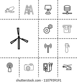 Technology icon. collection of 13 technology outline icons such as mill, signal tower, helicopter, gear, table lamp, mp3 player. editable technology icons for web and mobile.