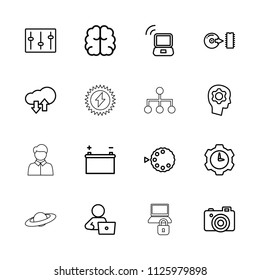 Technology icon. collection of 16 technology outline icons such as brain, man with laptop, camera, sliders, disc, camera mode. editable technology icons for web and mobile.