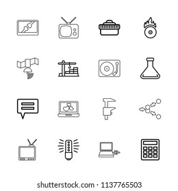 Technology icon. collection of 16 technology outline icons such as calculator, bulb, test tube, cd fire, chat, camera lense. editable technology icons for web and mobile.