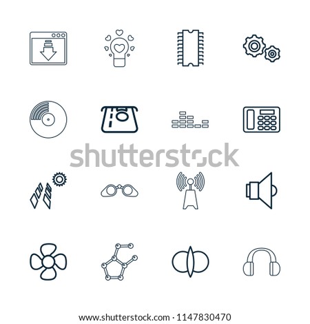 Technology icon. collection of 16 technology outline icons such as atm money withdraw, atom fusion, solar panel, fan, desk phone. editable technology icons for web and mobile.