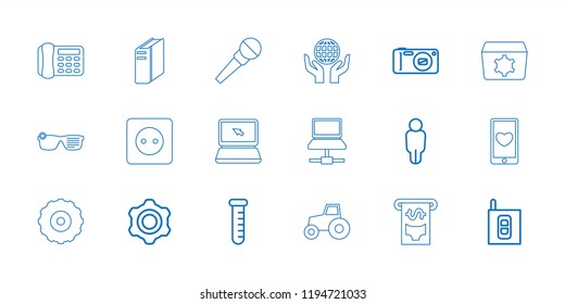 Technology icon. collection of 18 technology outline icons such as user, test tube, gear, camera, intercom, plug socket, cpu. editable technology icons for web and mobile.