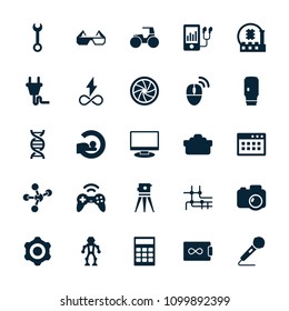 Technology icon. collection of 25 technology filled icons such as wrench, theodolite, calculator, mri, mp3 player, microphone. editable technology icons for web and mobile.
