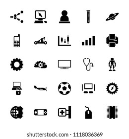 Technology icon. collection of 25 technology filled icons such as gear, pointer on display, mouse, movie tape, medical cross. editable technology icons for web and mobile.