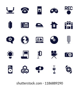 Technology icon. collection of 25 technology filled icons such as desk phone, qround the globe, download cloud, camera, soft box. editable technology icons for web and mobile.