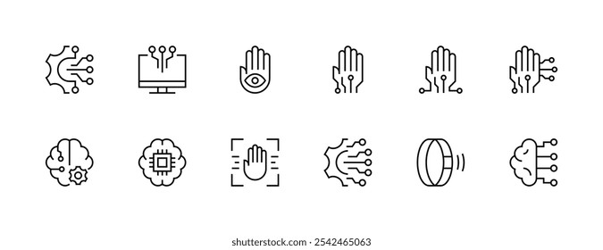 Technology icon collection. Circuit, automation, machine learning, biometric, artificial intelligence, cogwheel and more. Editable stroke. Pixel Perfect. Grid base 32px.