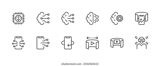 Technology icon collection. Circuit, automation, machine learning, virtual reality, smart technology and more. Editable stroke. Pixel Perfect. Grid base 32px.