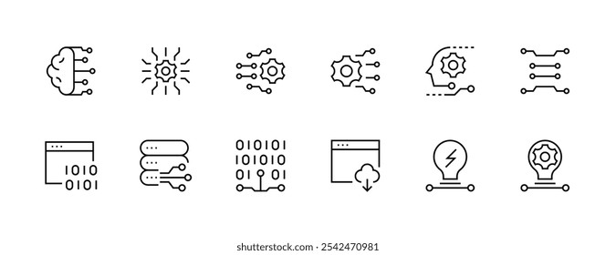 Technology icon collection. Circuit, automation, data center, innovation, programming, information technology and more. Editable stroke. Pixel Perfect. Grid base 32px.
