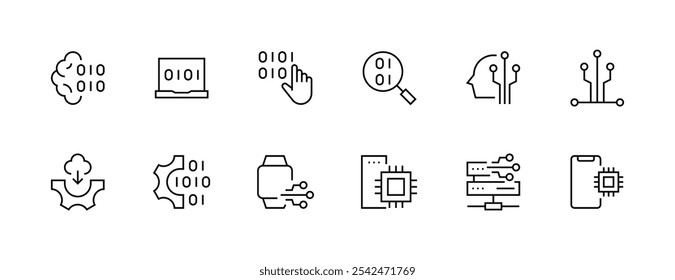 Technology icon collection. Circuit, automation, machine learning, information technology, programming, chipset and more. Editable stroke. Pixel Perfect. Grid base 32px.