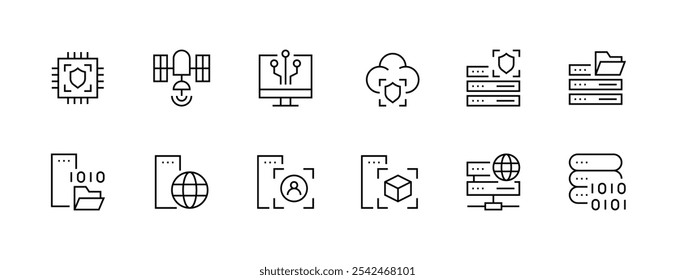 Technology icon collection. Information technology, automation, machine learning, data center, satellite and more. Editable stroke. Pixel Perfect. Grid base 32px.