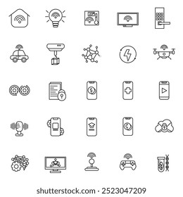 Technology icon collection set. Containing automation, smart drone, mobile medical, voice authentication, smart gaming, deep learning, smart home icon. Simple line vector.