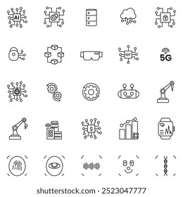 Technology icon collection set. Containing artificial intelligence, vr, blockchain, smart lock, wearable technology, robotic arm, iot icon. Simple line vector.