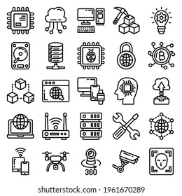 Technology icon collection set with simple lines and modern style for use as web and application sign, editable stroke pictogram, network, computer, device,