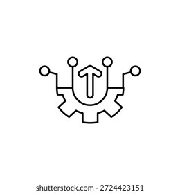 Icono de Tecnología con forma de flecha y engranaje. Ideal para diseños relacionados con la tecnología, conceptos de innovación digital y temas industriales. Interesante e impactante.
