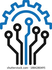 Technologiesymbol. Getriebe und Elektronik. Digitales Fabriksymbol. Piktogramm für Flachleitungen.