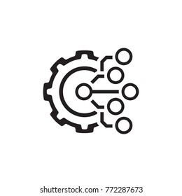 Technology Icon. Gear and Electronic. Digital Factory Symbol. Flat Line Pictogram. Isolated on white background.