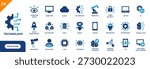 Technology icon. Including blockchain, chips, software development, cyber security, robotics. Solid vector icons collection.
