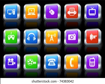 Technology Icon on Square Button with Metallic Rim Collection Original Illustration