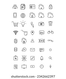 Contorno de iconos de tecnología en blanco y negro.