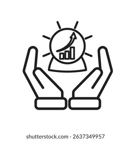 Technology icon. Predictive Analytic. Digital crystal ball with rising graph in hand. Depicts automation, artificial intelligence. Mixed design style