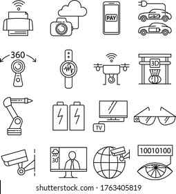 Technology icon series in thin outline. Car camera, artificial intelligence, robotic. Vector illustration.