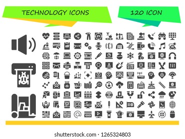  technology icon set. 120 filled technology icons. Simple modern icons about  - Volume, Scheme, Atm, Cardiogram, Database, Computer, Share, Pliers, Support, Mechanical arm
