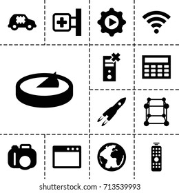 Technology icon. set of 13 filled technology icons such as medical cross, play in gear, remote control, wi-fi, sundial, calclator, planet, rocket, cpu in car, cube, camera