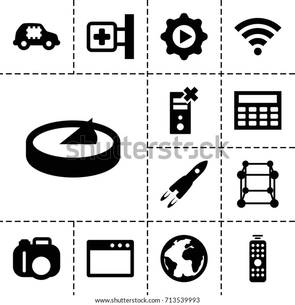 Technology icon. set of 13\
filled technology icons such as medical cross, play in gear, remote\
control, wi-fi, sundial, calclator, planet, rocket, cpu in car,\
cube, camera