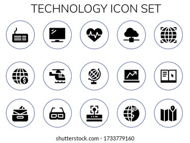 conjunto de iconos de tecnología. 15 iconos de tecnología rellenados.  Iconos modernos sencillos como: Teclado, globo terrestre, televisión, helicóptero, cardiograma, globo, computación en nube, portátil, aprendizaje