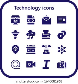 technology icon set. 16 filled technology icons. Included Online marketing, Css, Email, Newspaper, Funnel, Music, Toaster, Settings, Battery, Chimney, Atomic, At, Camera icons