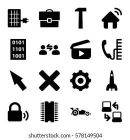 Technology icon. Set of 16 Technology filled icons such as gear    sign symb, laptop connection, user communicatrion, house signal, lock, phone, solar panel, binary code, case