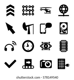Technology icon. Set of 16 Technology filled icons such as headset, eye scan, camera, message on phone, solar panel, conveyor, globe, clock, arrow, tick, pointer, helicopter