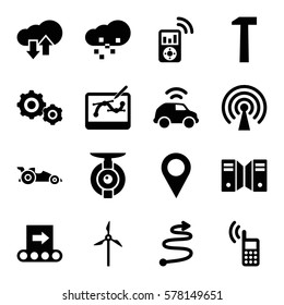 Technology icon. Set of 16 Technology filled icons such as gear    sign symb, phone, signal, mp3 player, car, curved arrow, pen tool on tablet, spy camera, defragmentation