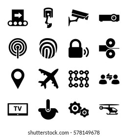 Technology icon. Set of 16 Technology filled icons such as gear    sign symb, user communicatrion, signal, robot arm, lock, fingerprint, TV, security camera, conveyor