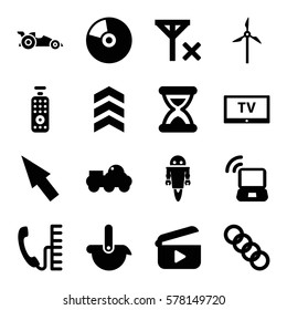 Technology icon. Set of 16 Technology filled icons such as laptop signal, remote control, phone, CD, TV, car, robot, chain, hourglass, arrow, play, no signal, mill