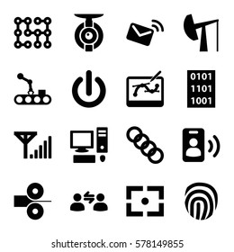 Technology icon. Set of 16 Technology filled icons such as user communicatrion, mail, pen tool on tablet, call, fingerprint, pc, spy camera, binary code