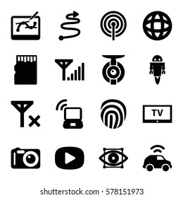 Technology icon. Set of 16 Technology filled icons such as laptop signal, signal, globe, car, curved arrow, pen tool on tablet, fingerprint, eye scan, camera, TV, spy camera