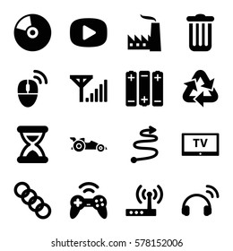 Technology icon. Set of 16 Technology filled icons such as computer mouse, headset, curved arrow, joystick, CD, TV, router, car, chain, hourglass, trash bin, play, recycle