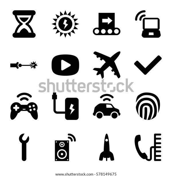 Technology icon. Set of 16\
Technology filled icons such as laptop signal, battery, car,\
joystick, music loudspeaker, fingerprint, phone, electric circuit,\
sun battery