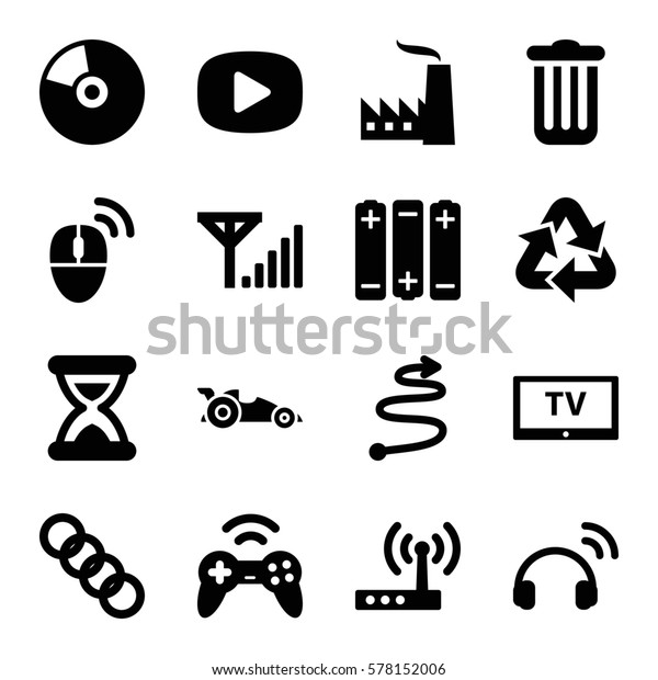 Technology icon. Set\
of 16 Technology filled icons such as computer mouse, headset,\
curved arrow, joystick, CD, TV, router, car, chain, hourglass,\
trash bin, play,\
recycle