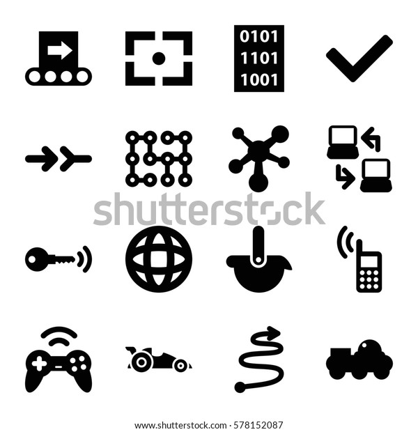 Technology icon. Set of\
16 Technology filled icons such as phone, laptop connection, globe,\
curved arrow, joystick, key, binary code, conveyor, car, robot,\
atom, tick