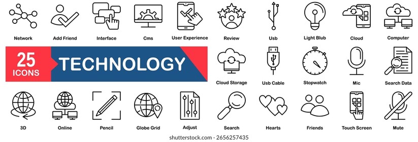 Conjunto de iconos de Tecnología 25 iconos de contorno en estilo moderno