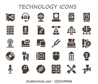 technology icon set. 30 filled technology icons.  Simple modern icons about  - Card, Headphones, Webcam, Smartphone, Manual, Server, Tablet, Gas, Chimney, Solar panel, Brain, Signal
