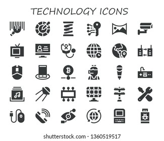 technology icon set. 30 filled technology icons.  Simple modern icons about  - Barcode, Color, Spring, Electronic key, panorama 360 , Cctv, Tv, Monitor, Stethoscope, World, Globe