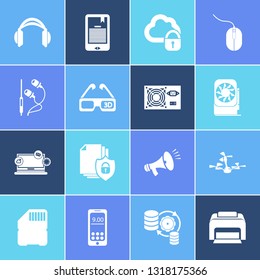 Technology icon set and 3d glasses with drone, bullhorn and cloud storage lock. Earphone related technology icon vector for web UI logo design.