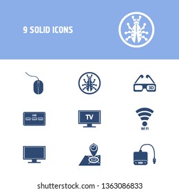 Technology icon set and 3d glasses with mouse, tv and wi-fi. Gps related technology icon vector for web UI logo design.