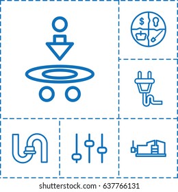 Technology icon. set of 6 technology outline icons such as pipe, vice clamp, plug, adjust, atom