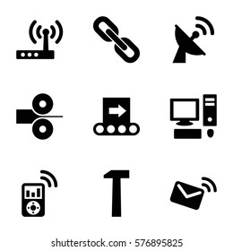 Technology icon. Set of 9 Technology filled icons such as satellite, mail, mp3 player, pc, conveyor, router, hummer, chain