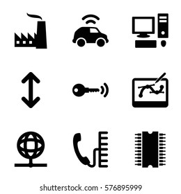 Technology icon. Set of 9 Technology filled icons such as arrow, car, pen tool on tablet, phone, pc, key, globe, cpu