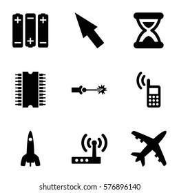 Technology icon. Set of 9 Technology filled icons such as phone, electric circuit, router, rocket, hourglass, battery, pointer, cpu